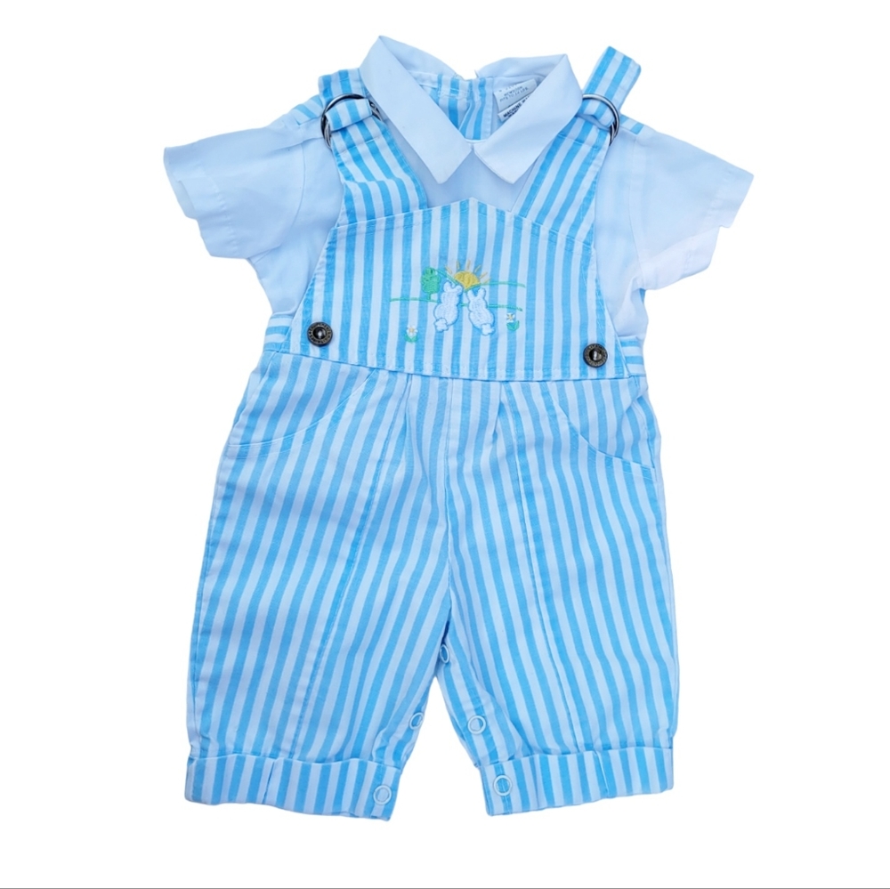 Vintage 1980s-1990s striped pastel blue overalls baby boy outfit